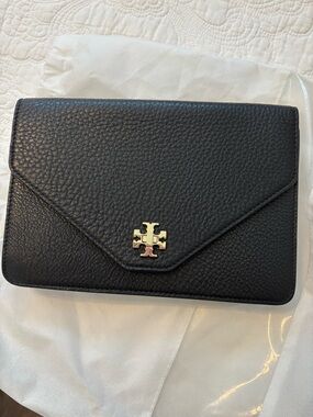 Tory Burch Black Pebbled Leather Envelope Wallet Crossbody with Gold Logo